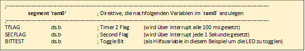 ;--------------------------------------------------------------------------------------------------------------------------------------------------
				
	segment 'ram0'		; Direktive, die nachfolgenden Variablen im �ram0` anzulegen
;-------------------------------------------------
				-------------------------------------------------------------------------------------------------	

				TFLAG		ds.b		; Timer 2 Flag 	(wird �ber Interrupt alle 100 ms gesetzt)

				SECFLAG		ds.b		; Second Flag 	(wird �ber Interrupt jede 1 Sekunde gesetzt)

				BITTEST		ds.b		; Toggle Bit 	(als Hilfsvariable in diesem Beispiel um die LED zu togglen)
